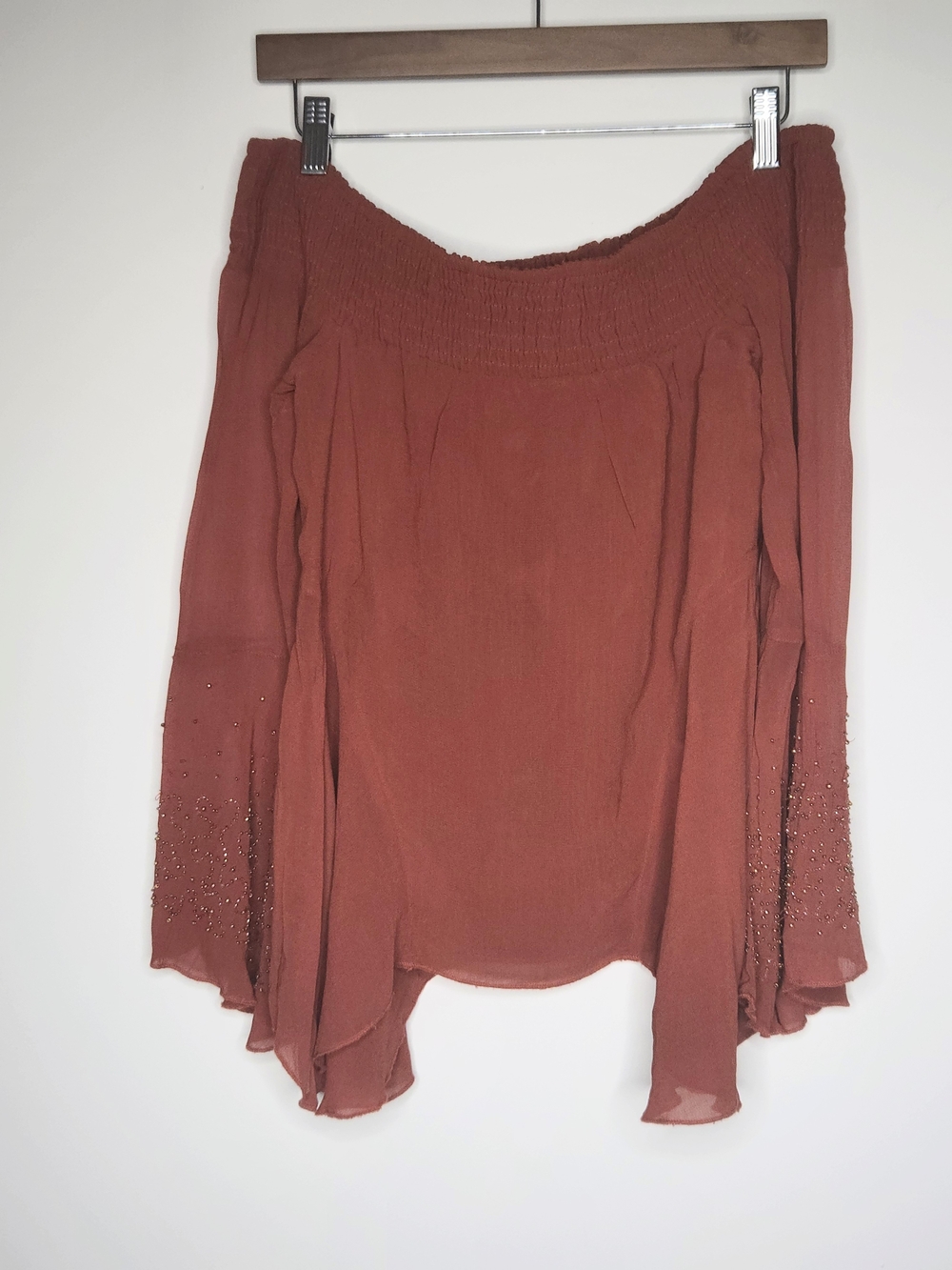 Chloe Oliver Off the Shoulder Beaded Bell Sleeve Boho Blouse Rust Orange - S